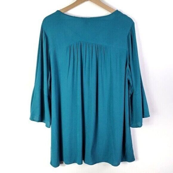 Torrid Strappy Bell Sleeve Cage Neck Crepe Blouse Teal‎ Aqua Top Plus Size 3 3X - Picture 6 of 8